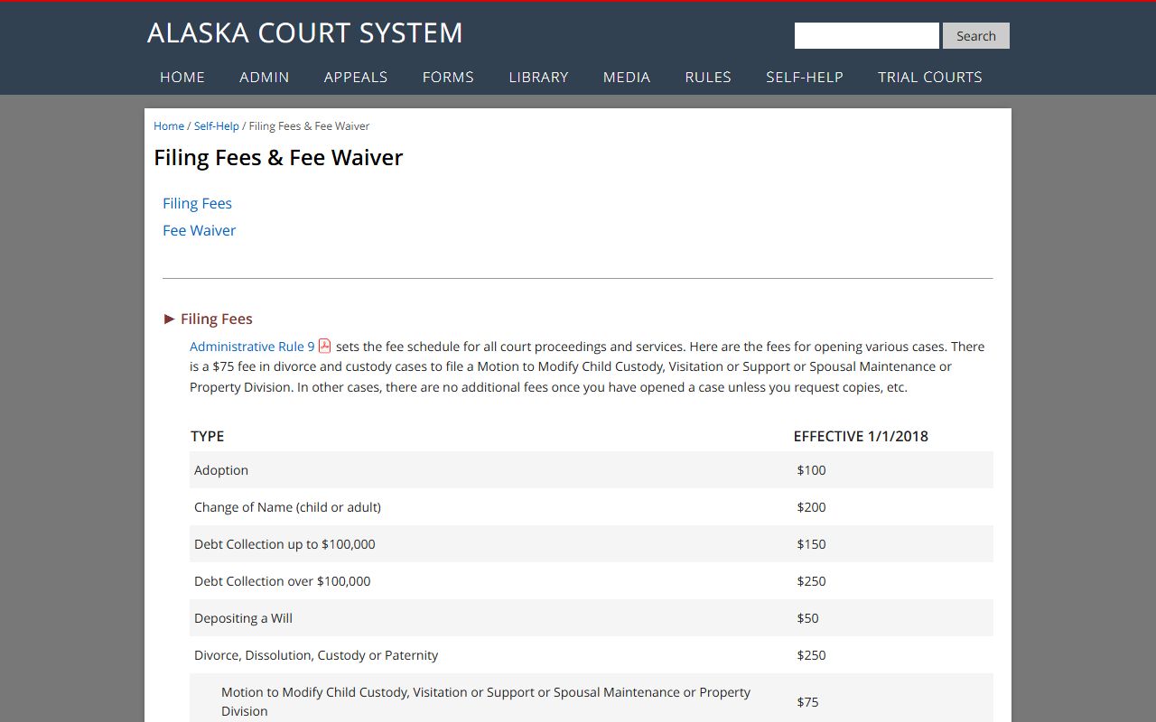 Anchorage Municipality court fee schedule listing filing, copy, and certified copy fees