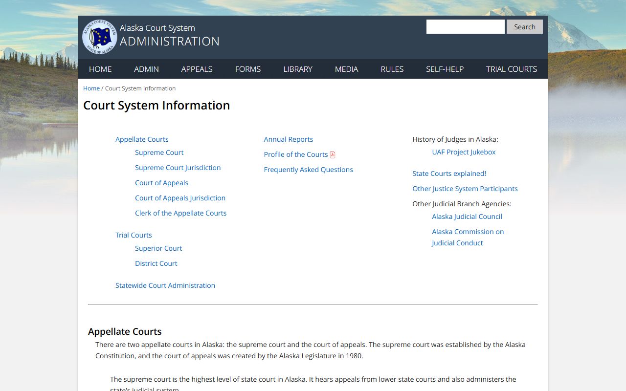 Anchorage Municipality court structure page describing Alaska Supreme Court, Court of Appeals, Superior Court, and District Court
