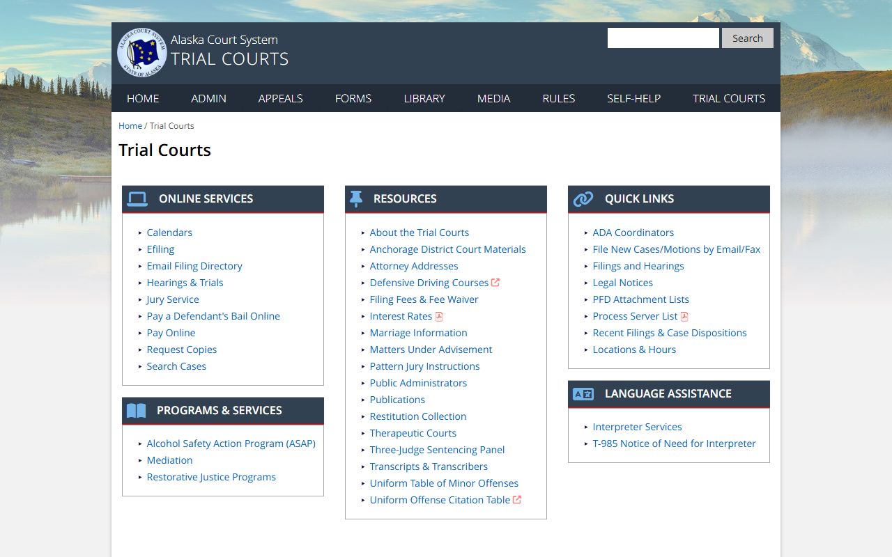 Anchorage Municipality trial courts page with copy request instructions and recent filing reports