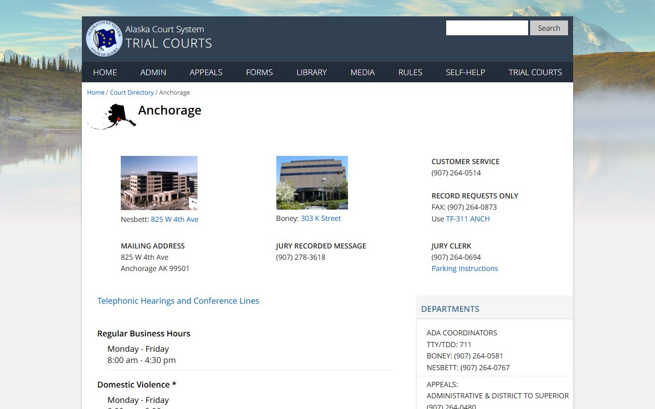 Anchorage Municipality court directory listing Nesbett and Boney courthouse addresses, departments, and phone numbers