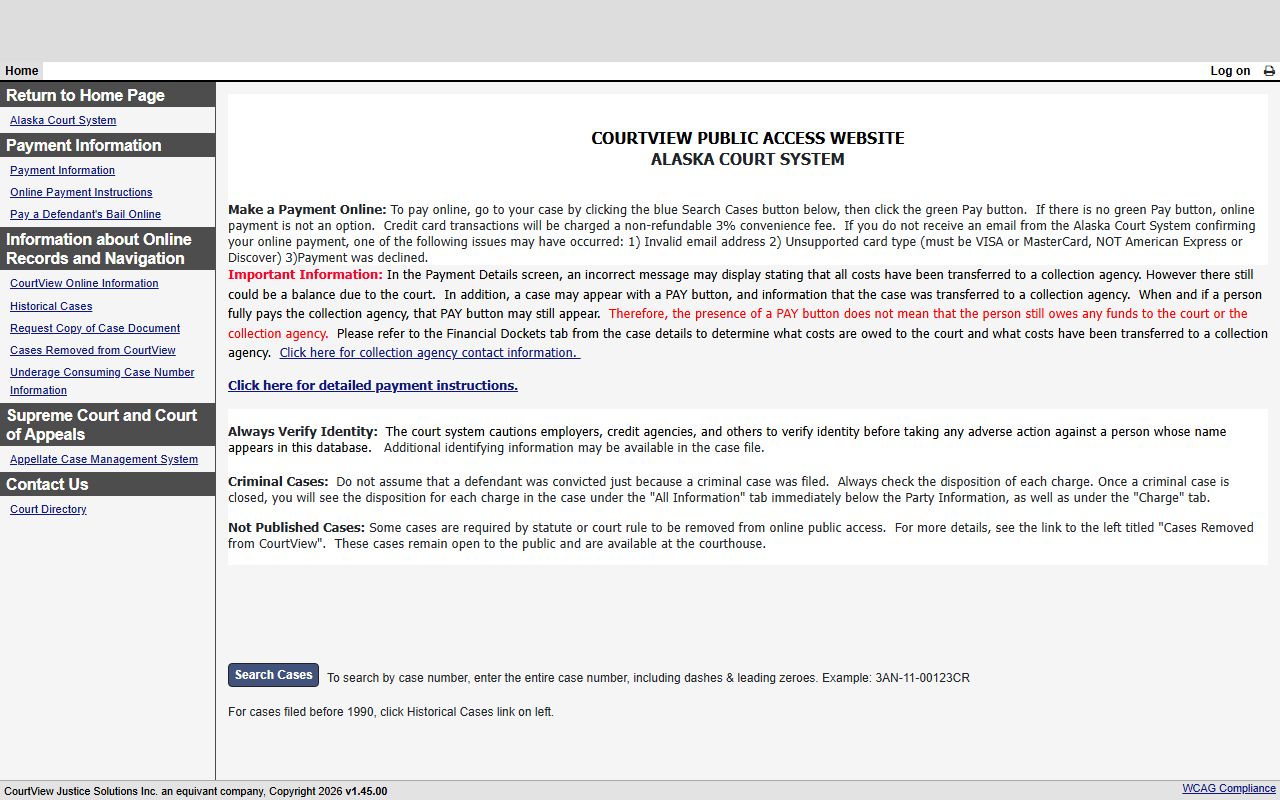 Anchorage Municipality CourtView public access search with case number, name, and citation tabs