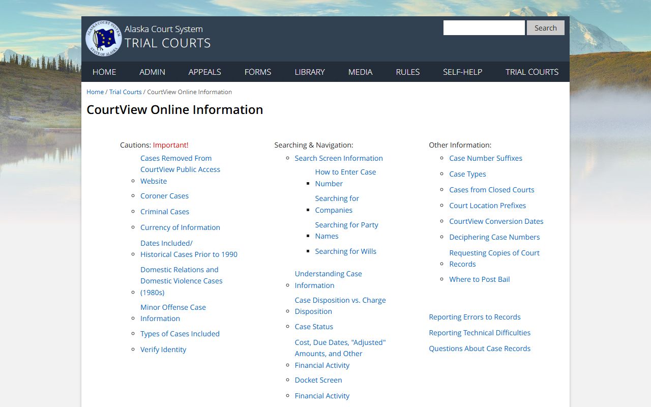 Anchorage Municipality CourtView information page explaining case search, dispositions, and copy requests