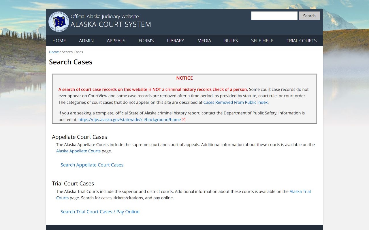 Anchorage Municipality court records search cases landing page for trial and appellate cases