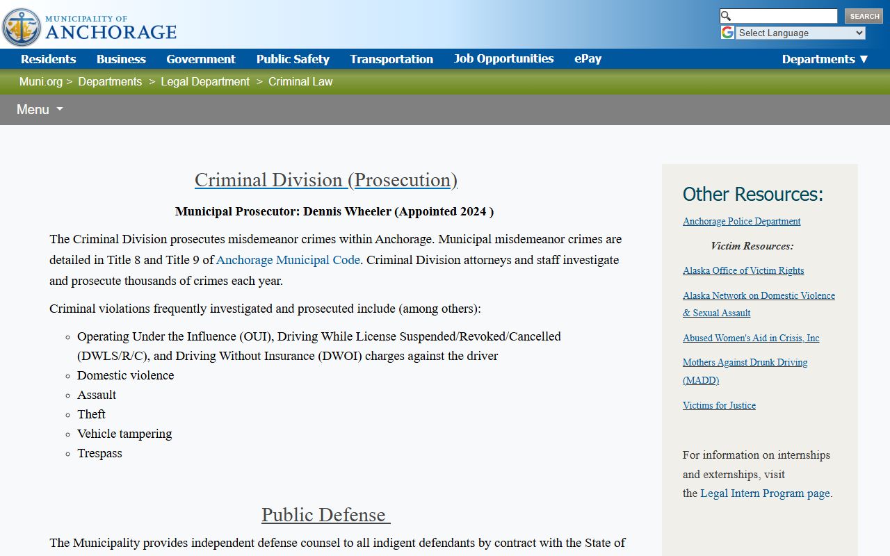 Anchorage Municipality Municipal Prosecutor criminal division page
