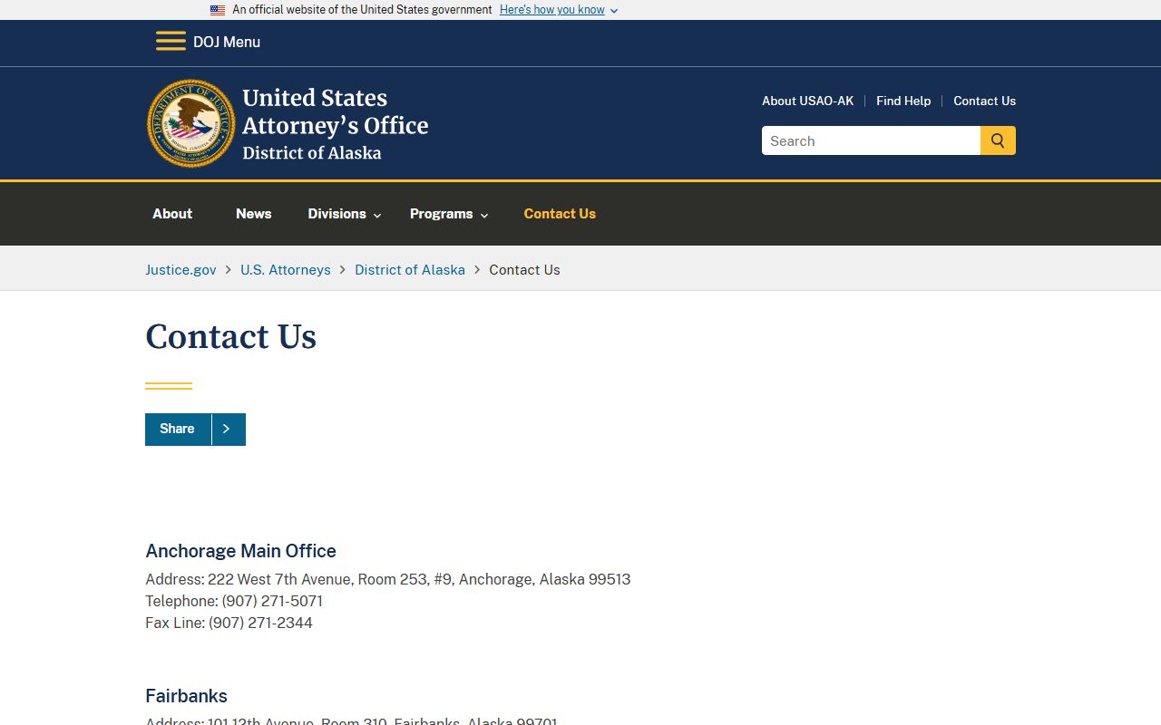 Anchorage Municipality U.S. Attorney District of Alaska contact page