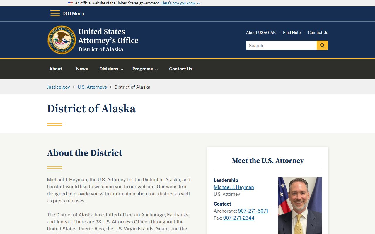 Anchorage Municipality federal criminal records page, U.S. Attorney District of Alaska