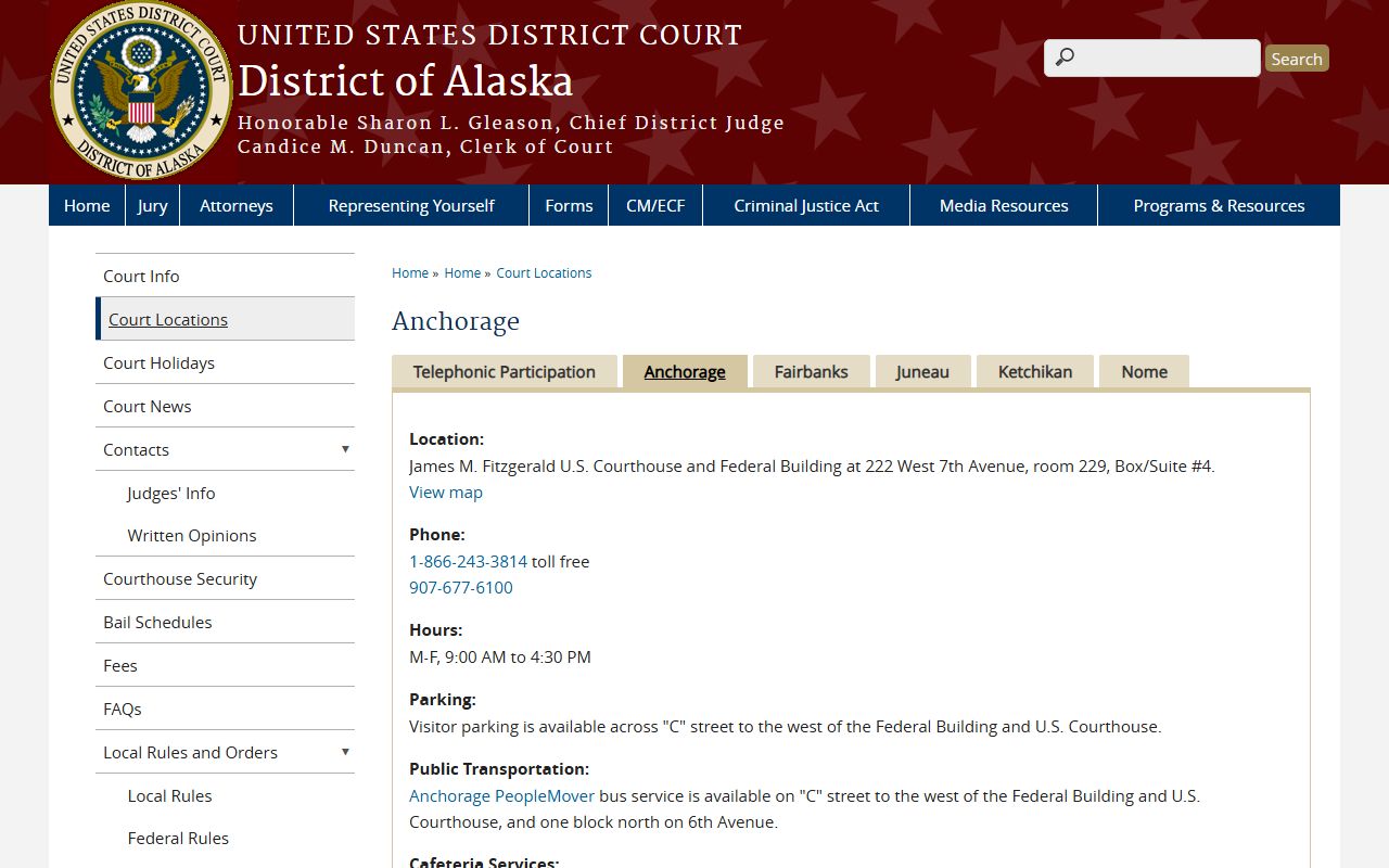 Anchorage Municipality federal court records, U.S. District Court for Alaska Anchorage courthouse page