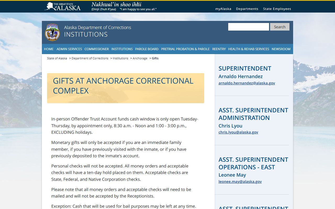 Anchorage Municipality Correctional Complex gifts and trust account page