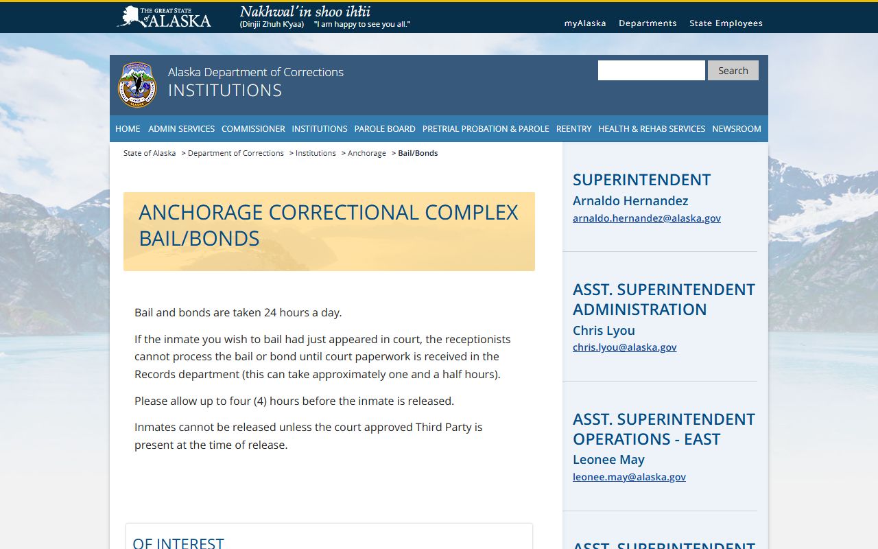 Anchorage Municipality Correctional Complex bail and bonds page