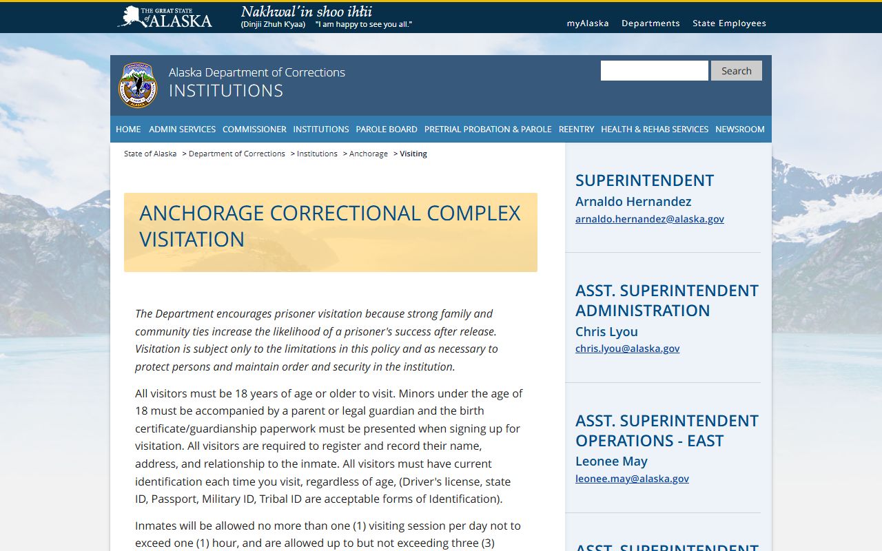 Anchorage Municipality Correctional Complex visitation page with schedules and rules