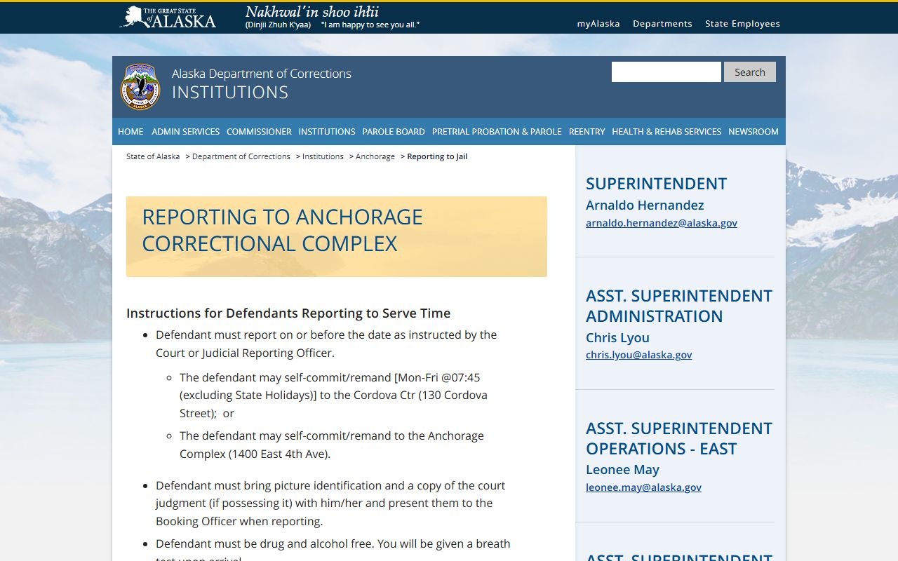 Anchorage Municipality Correctional Complex reporting-to-jail page with booking steps