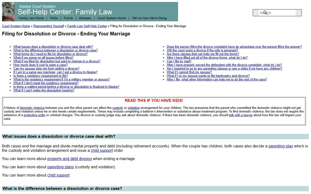 Anchorage Municipality divorce and dissolution start page from the Alaska Court System