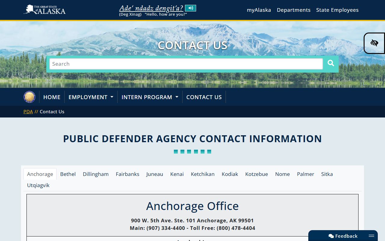 Anchorage Municipality Alaska Public Defender Agency contact page