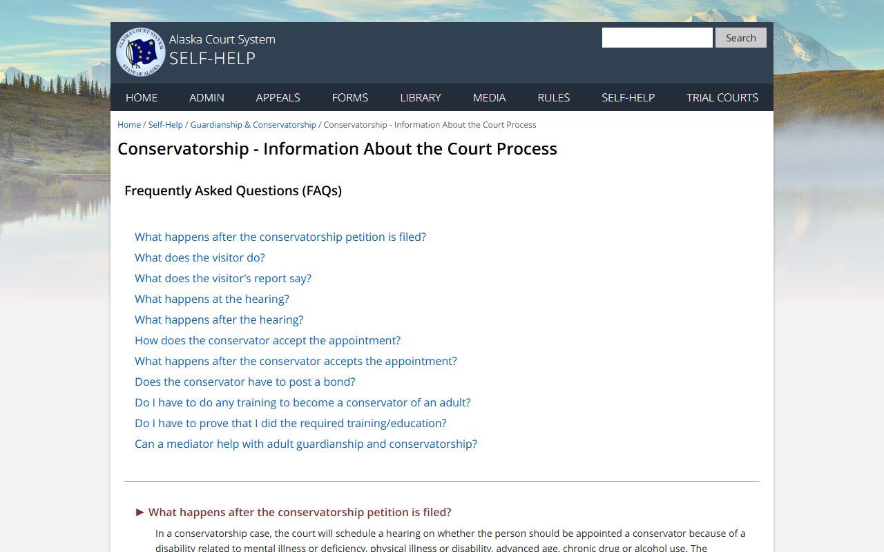 Anchorage Municipality conservatorship process page from the Alaska Court System