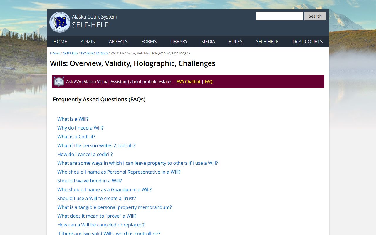 Anchorage Municipality probate and wills self-help page from the Alaska Court System