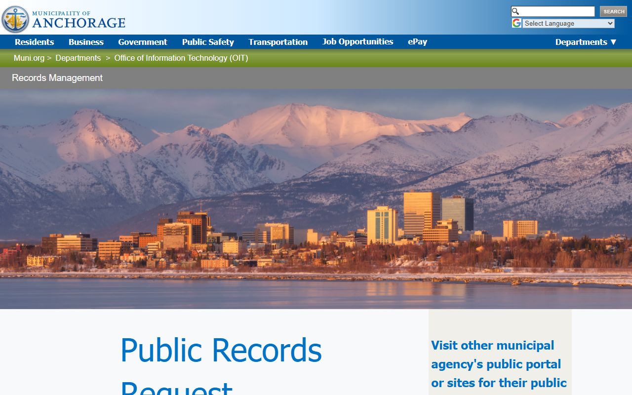 Anchorage Municipality records management page with public records request steps
