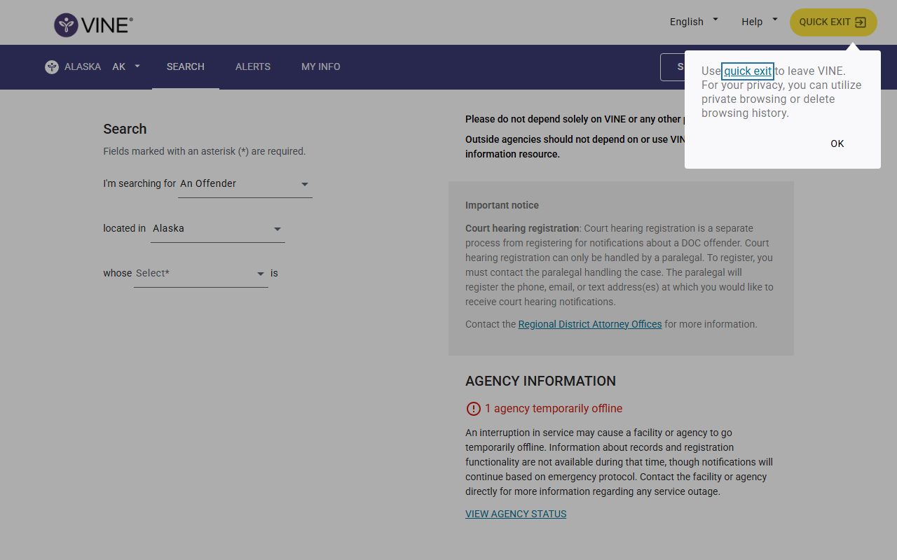 Anchorage Municipality released inmates tool, VINE Alaska custody search and notification portal