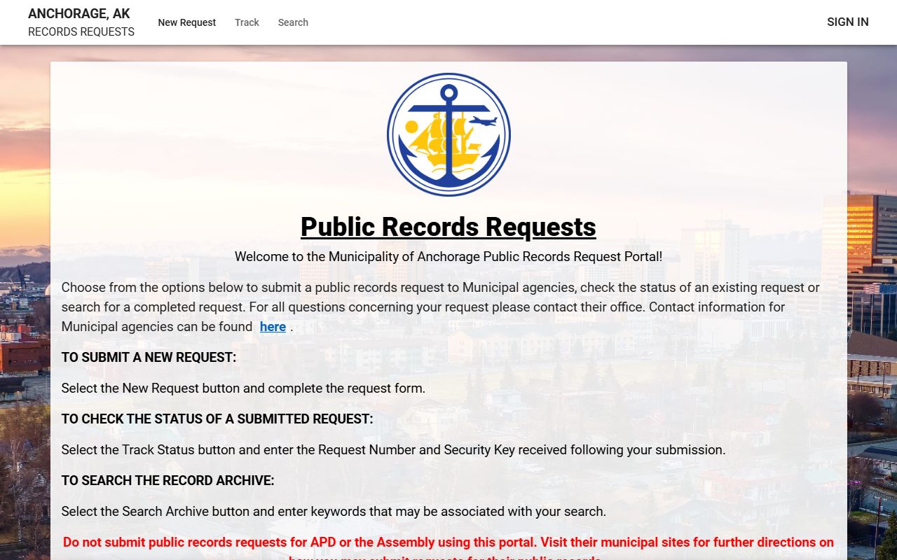 Anchorage Municipality JustFOIA public records request portal for municipal records